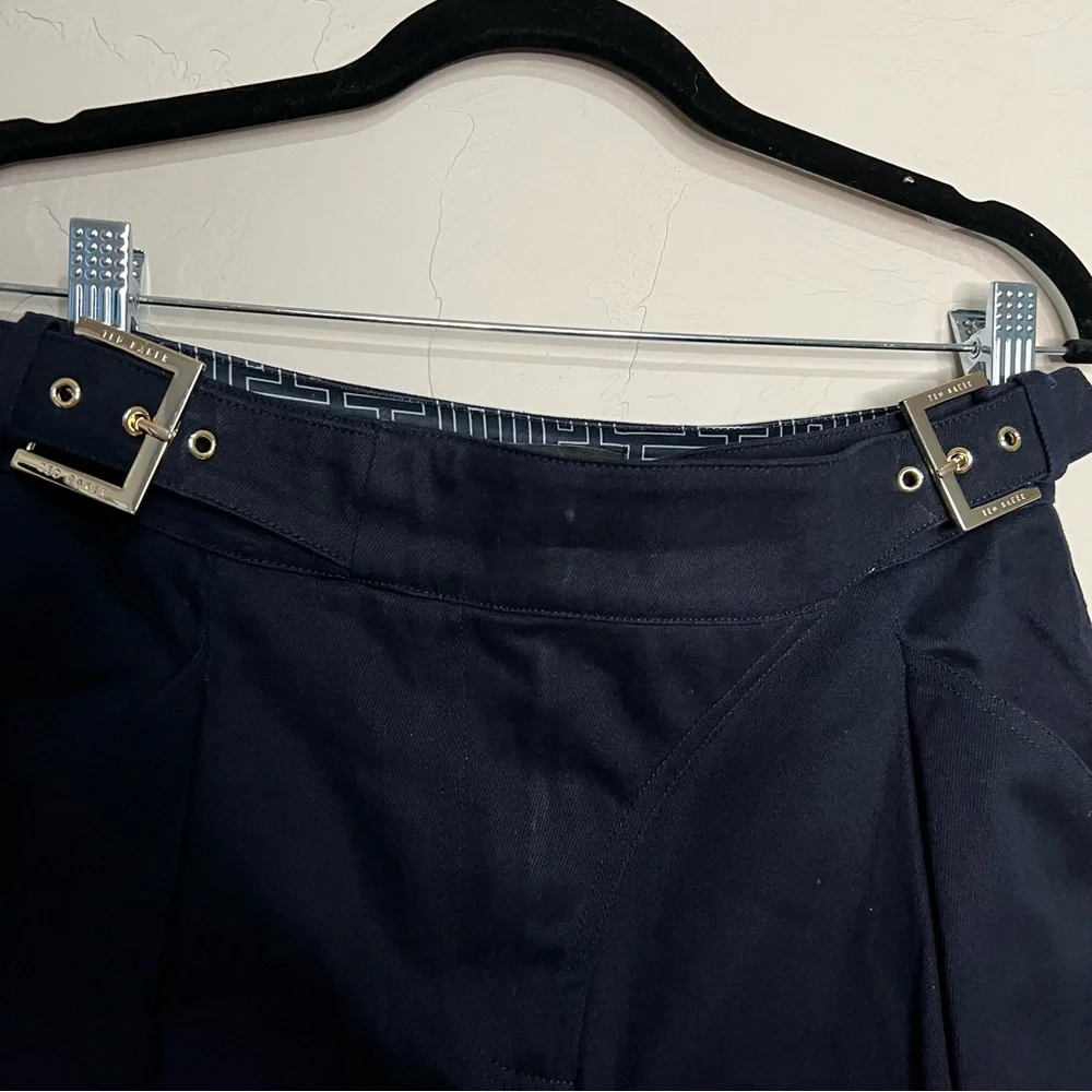 Ted Baker Alaiina Navy Blue Front Double Buckle Pleated‎ Tapered Trouser Pants